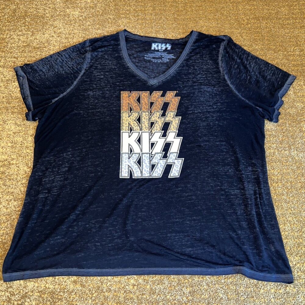 KISS T-shirt Womens 22/24 Plus Sized Burnout Black Leopard Print